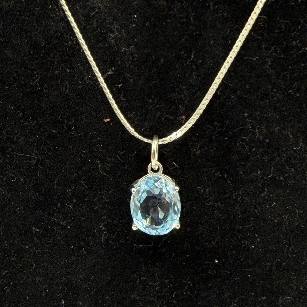 925 Silver Blue Topaz Pendant Necklace 18” Herringbone Chain